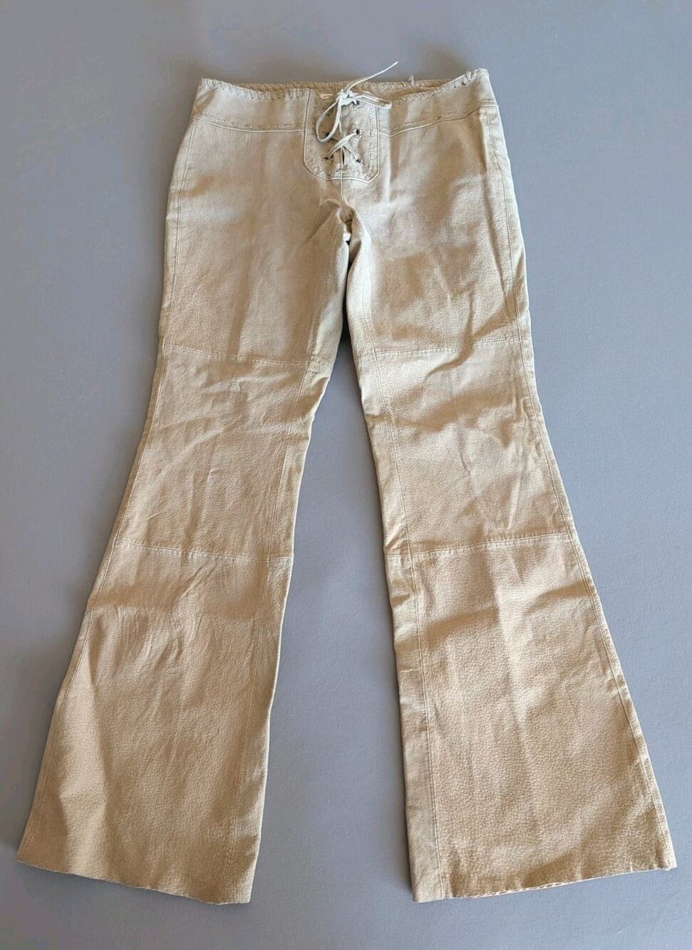 Hipster Genuine Suede Leather Pants Size 9 Lace Up Flare Bell Bottom Y2K Western
